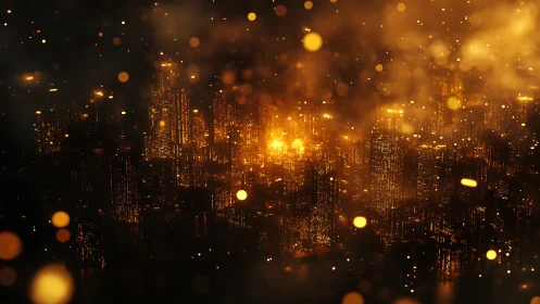 Volumetric city skyline rendered with golden luminescence and bokeh atmospheric particles