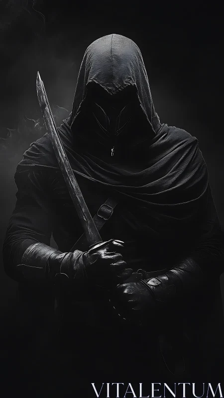 Hooded swordsman in tactical leathers under low key directional lighting