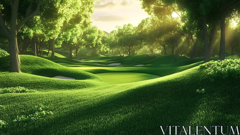 Sunlit forest golf fairway with sculpted emerald contours.