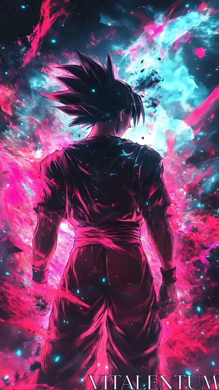 Warrior silhouette stands in neon cosmic energy storm