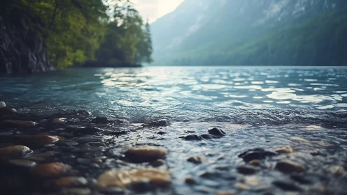 Shallow lakeshore stones in soft focus against misty mountains