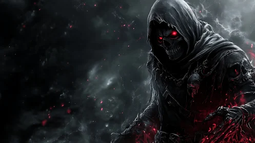 Hooded death wraith emerging in crimson embers of void.