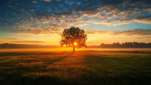 Solitary tree in sunrise light over misty open field.