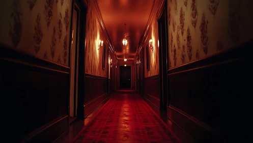 Dim hotel corridor glows with eerie red carpet and shadows
