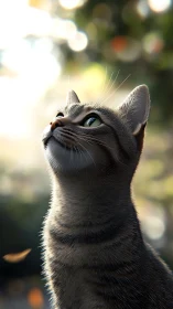 A Gray Cat Gazing Upward with Wonder and Grace.
