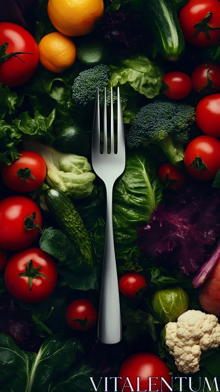 Stainless steel fork lies centered among assorted vegetables