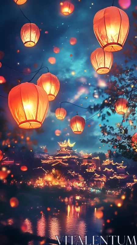 Digital painting of lantern-lit riverside temple city at night.