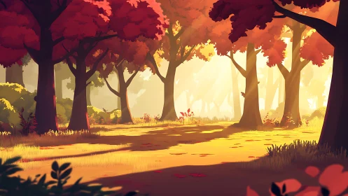 Autumn Forest Glade with Golden Sunlight Through Canopy