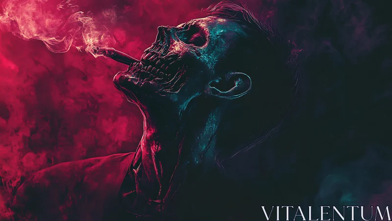 Neon-lit skeletal smoker profile rendered in high contrast duotone