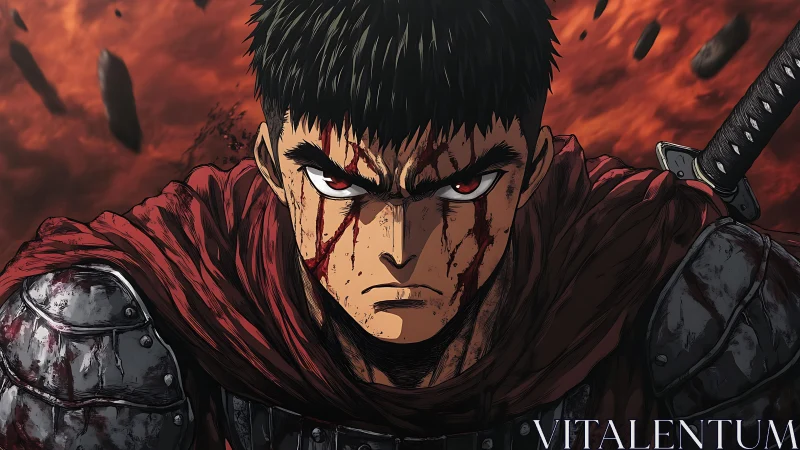 Bloodstreaked armored warrior under volcanic shrapnel sky.