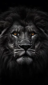 Midnight lion gaze with molten amber eyes in darkness.