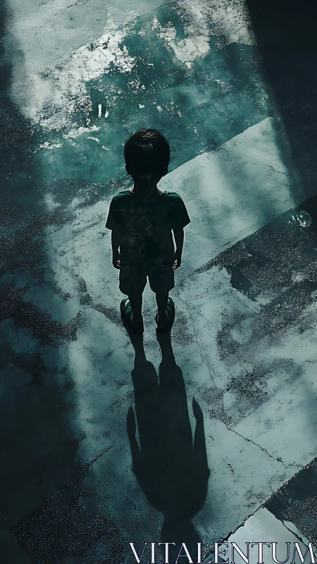 Child silhouette stands in harsh light on textured ground