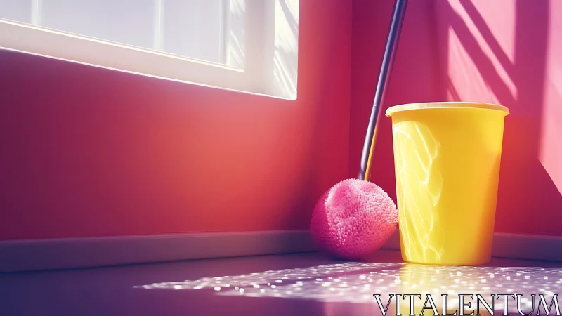 Sunny corner with cheerful cleaning bucket and brush.