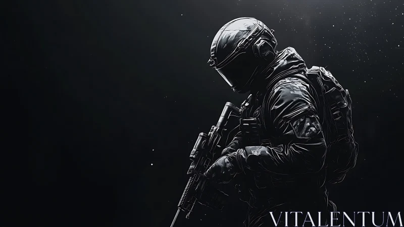 Tactical armored soldier with rifle on dark minimal background.