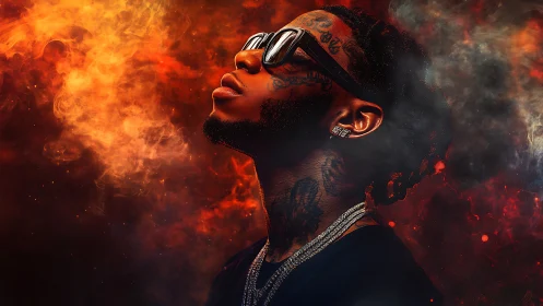 Flame-kissed portrait of a tattooed icon in embered haze.