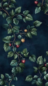 Dark teal botanical pattern with heart-shaped fruit vines