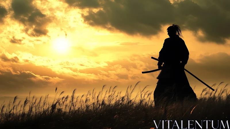 Samurai silhouette drinks the last light of a molten sunset
