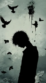 Silhouette of solitary figure surrounded by dark flying birds.