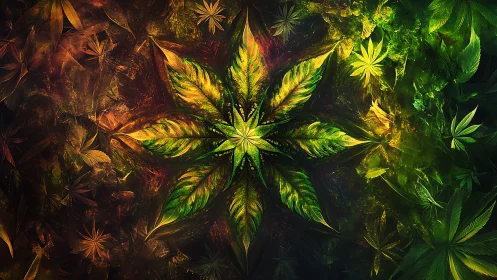 Radiant cannabis leaf mandala glows against dark background