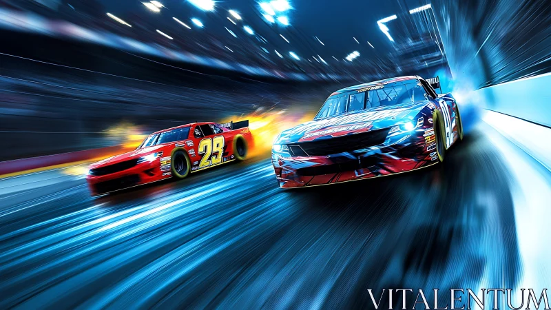 Two stock cars on illuminated racetrack in dynamic motion.
