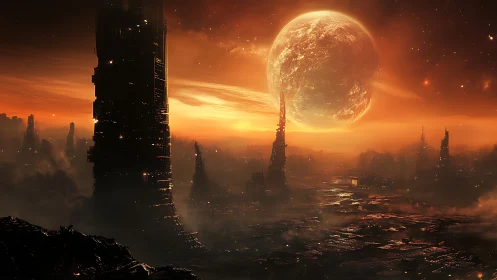 Distant orange planet over dark ruined city structures.