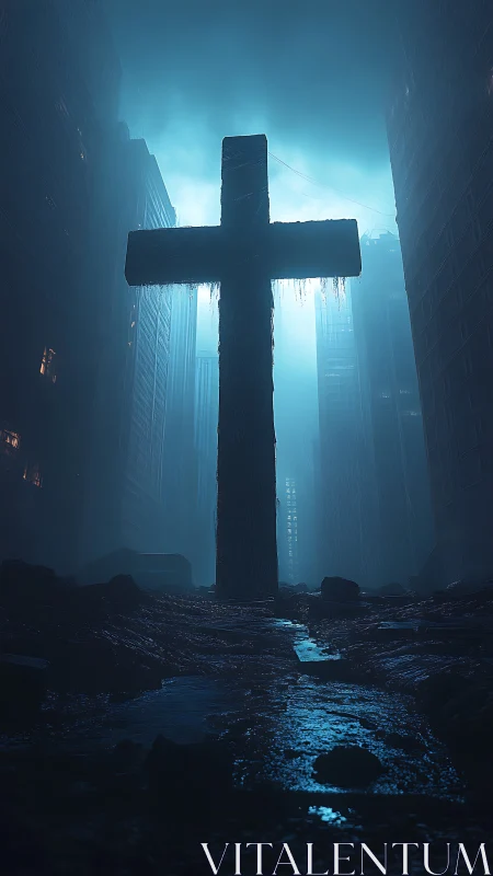 Cross of cold light rises in drowned cyberpunk canyon.