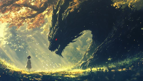 Child and large dragon-like creature in sunlit forest clearing.