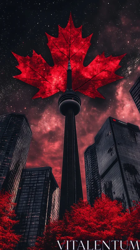 Skyward maple nebula crowns a scarlet urban skyline.
