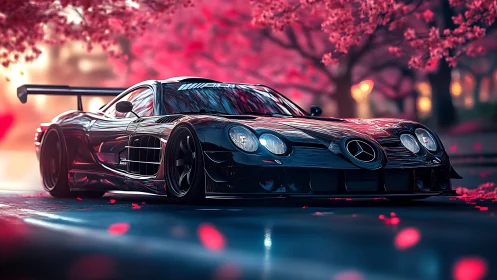 Black Mercedes race car under neon cherry blossoms at dusk.