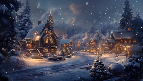 Snowy alpine village street with warm holiday lights.