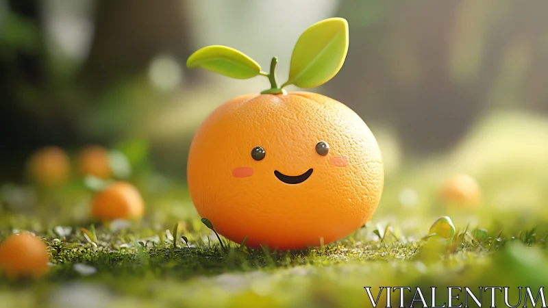 Smiling orange character brightens a sunlit forest meadow.