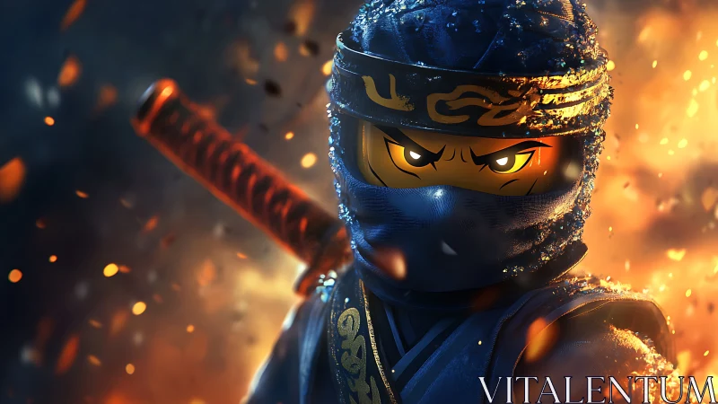Lego fire ninja glares through embers and molten shadows