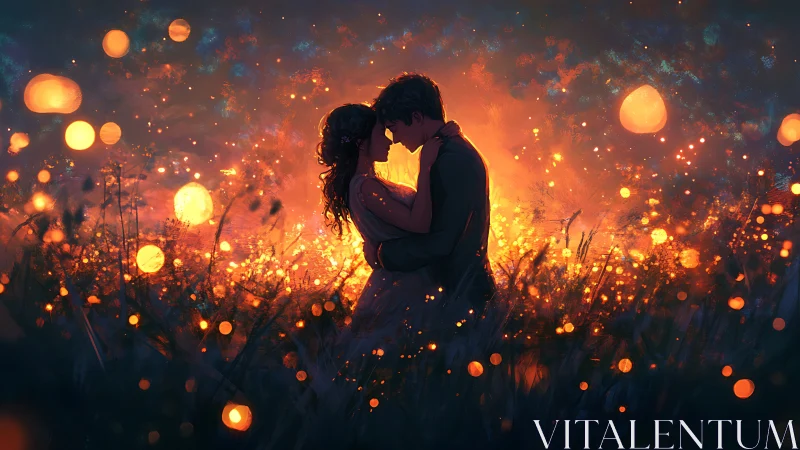Couple kissing in glowing light field at night