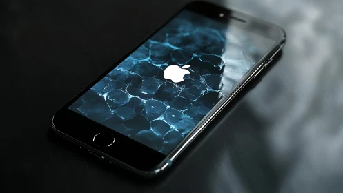 Sleek smartphone resting in cool blue reflective light.