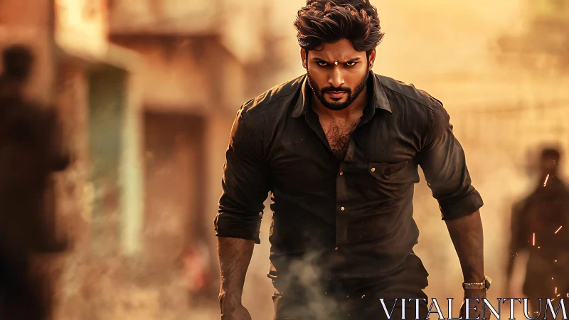 Intense man strides forward through dusty sunlit alley