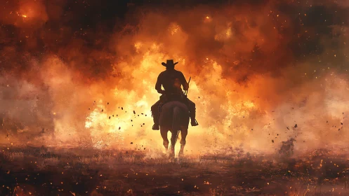 Silhouetted Cowboy Thunders Through Inferno Blaze.