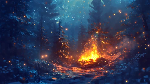 Nocturnal Campfire Illumination in Snowy Forest.