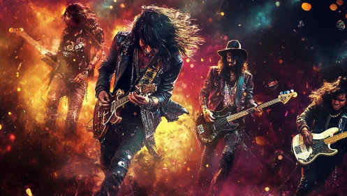 Electric storm of rock guitarists shreds through nebula fire