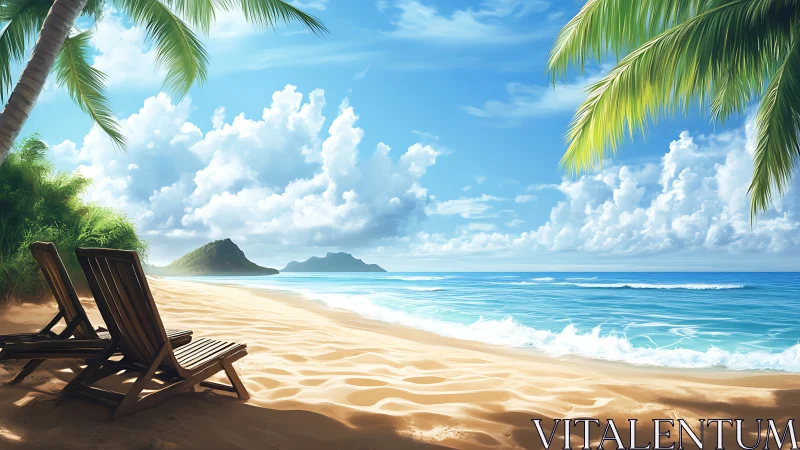 Tropical beach retreat with deck chairs under palm fronds.