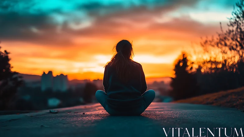 Solitary figure studies blazing sunset over quiet hillside.