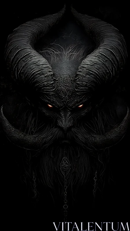 Horned dark entity portrait with glowing eyes on black.