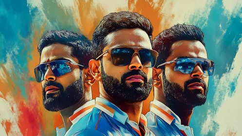 Triple portrait of confident athlete in bold color burst.