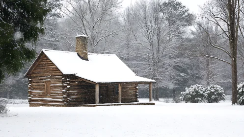 Snow-covered log cabin amid quiet winter forest landscape.