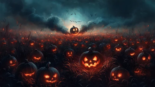 Smiling jack o lanterns glow across a moody night field.