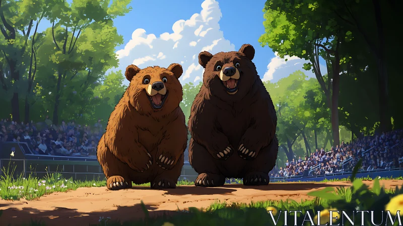 Two stylized brown bears stand on a track before stadium crowd