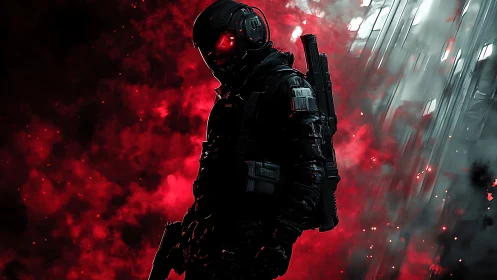 Cyberpunk commando silhouette in red tactical smoke field.