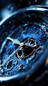 Macro view shows mechanical watch face under water droplets