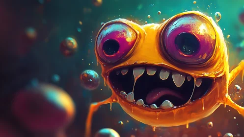 Bubble-born neon goblin grins with chaotic, sugary menace.