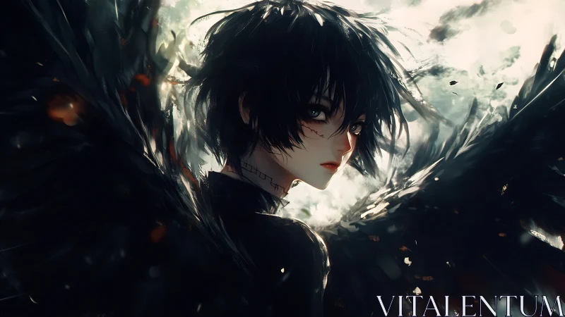 Dark-winged fallen angel in luminous backlit stormscape.