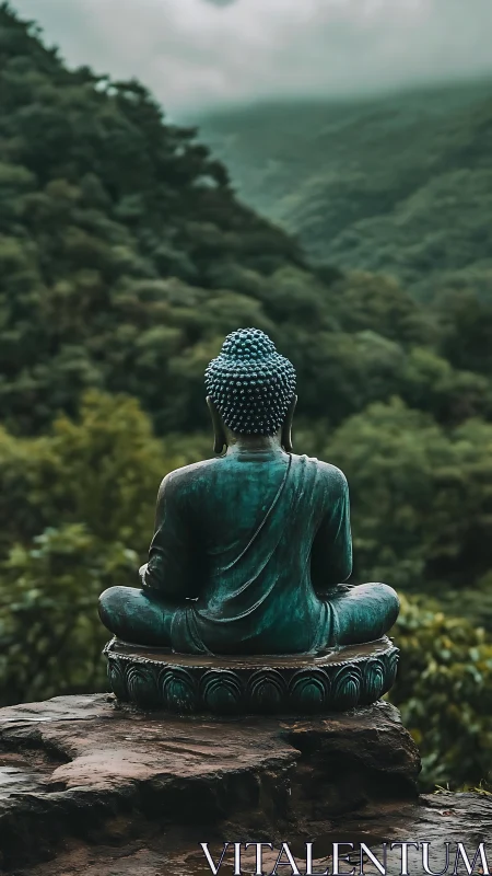 Bronze Buddha statue overlooks misty emerald valley. Period.